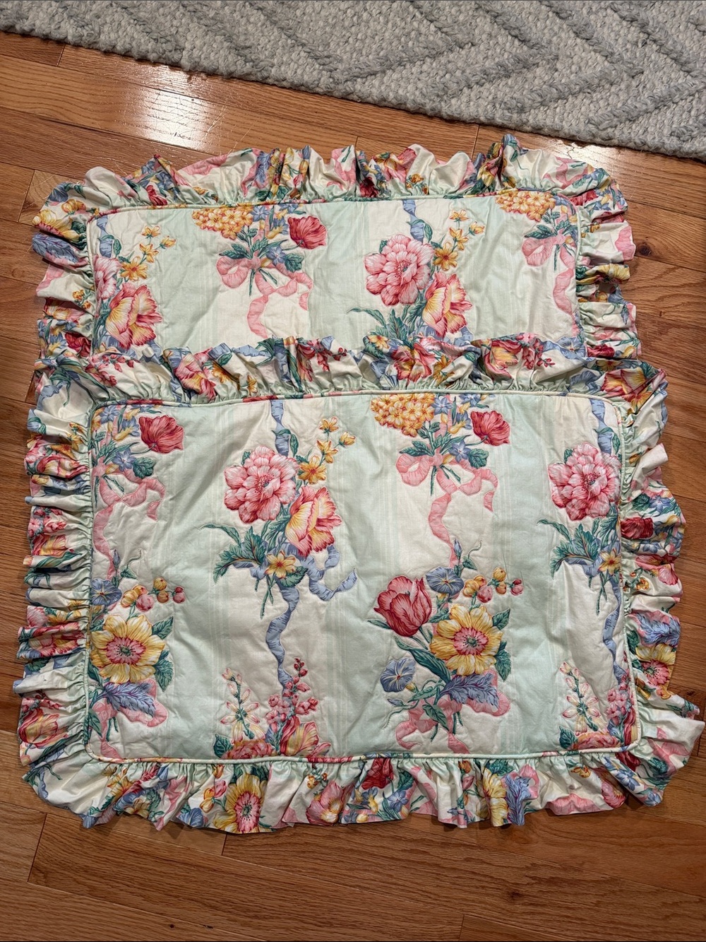 Floral Ruffle Pillow Shams in Mint and Pink - Cottage Style
